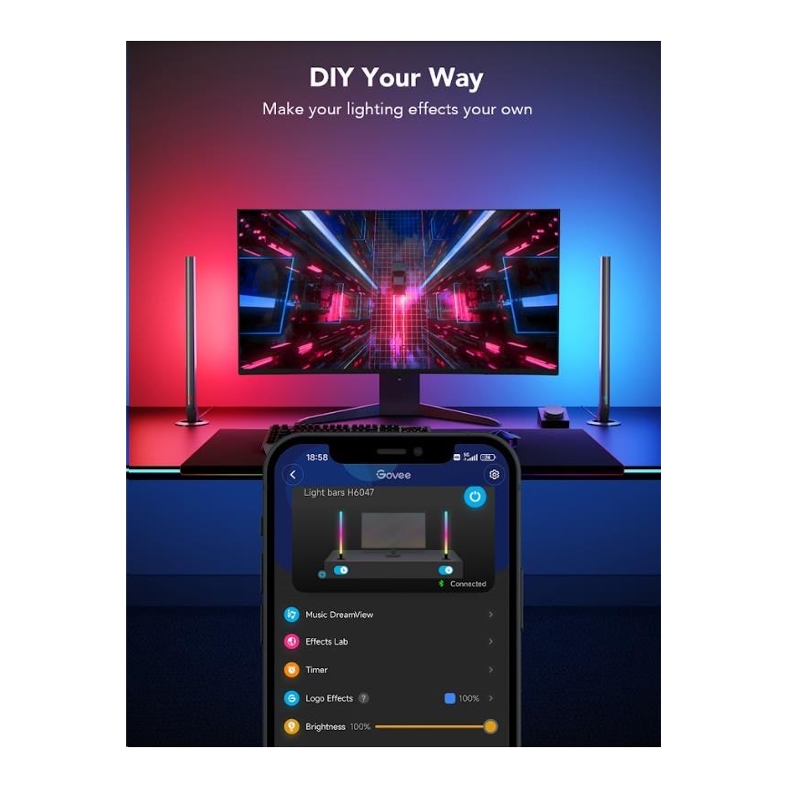 Govee - Set of 2 Smart Gaming Wi‑Fi LED RGBIC Panels + Smart Dual black + remote control