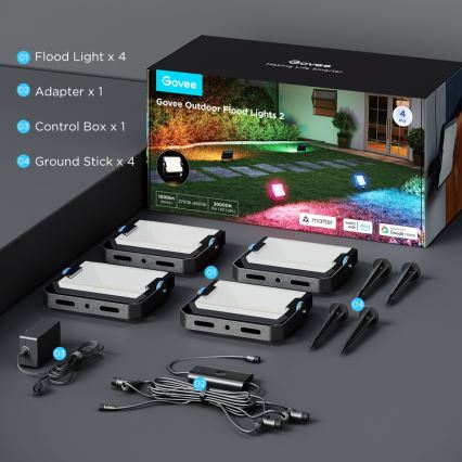 Govee - Set of 4 RGBICWW Dimmable LED Floodlights/24W/230V IP66 Matter Wi-Fi