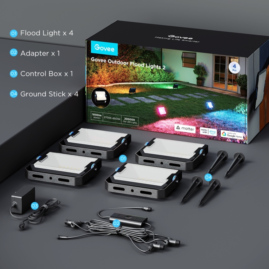 Govee - Set of 4 RGBICWW Dimmable LED Floodlights/24W/230V IP66 Matter Wi-Fi