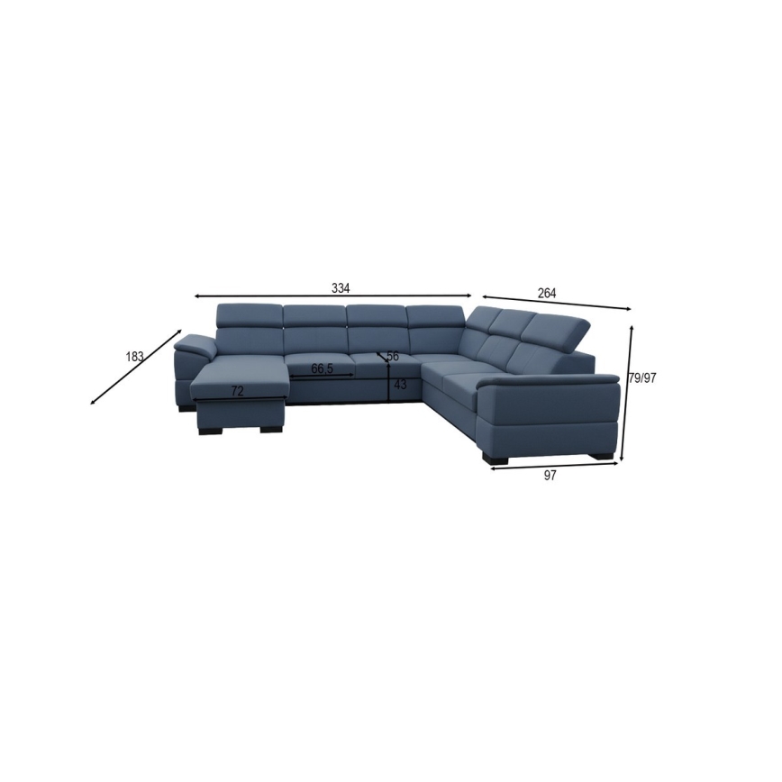 GRANADA Blue U-shaped convertible sofa bed with reversible corner and storage