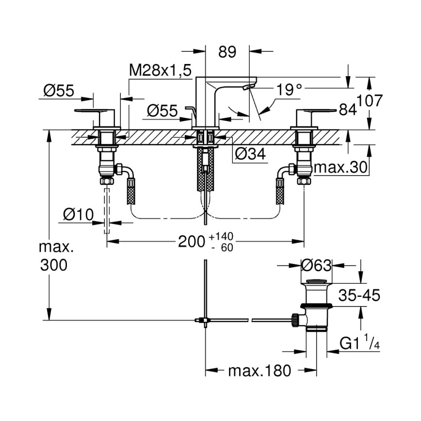 GROHE 20187000 - EUROSMART COSMOPOLITAN DN 15 Three-hole Basin Mixer, Chrome