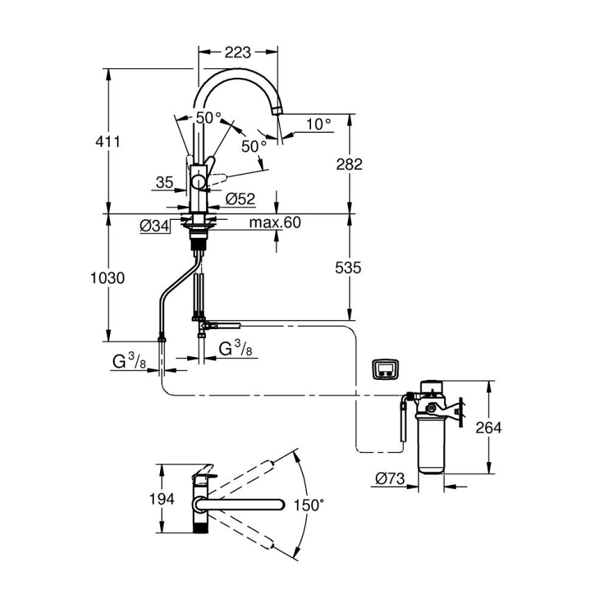 GROHE 30593000 - BLUE PURE C-spout kitchen faucet, polished chrome