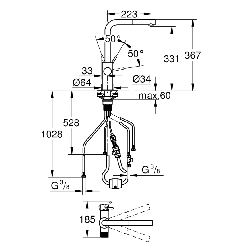 GROHE 30601DC0 - BLUE PURE kitchen faucet with pull-out spout, stainless steel