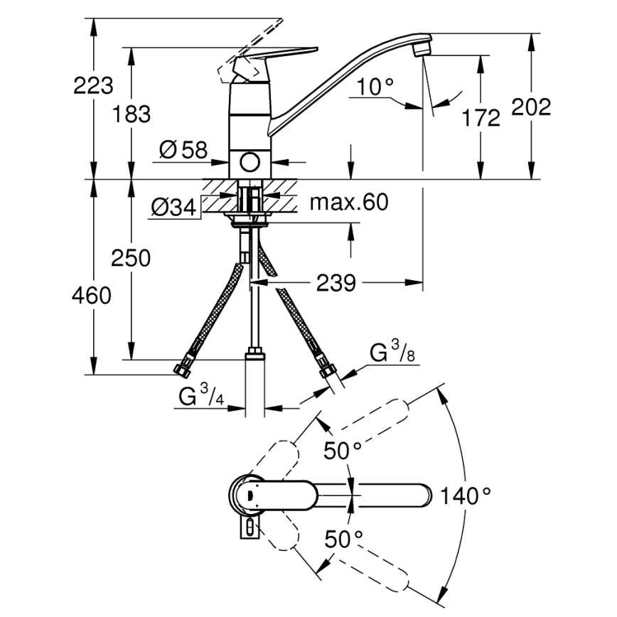 GROHE 31161000 - EUROSMART COSMOPOLITAN 140° Kitchen Mixer Tap, Polished Chrome