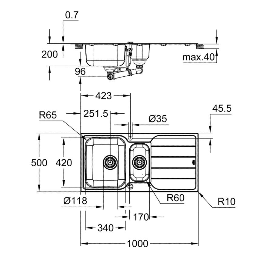 GROHE 31572SD1 - K500 Kitchen Sink 1000 × 500 mm, stainless steel