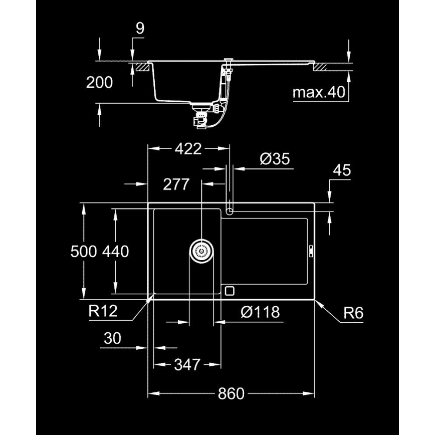 GROHE 31644AP0 - K500 Composite Kitchen Sink 860 × 500 mm, Black