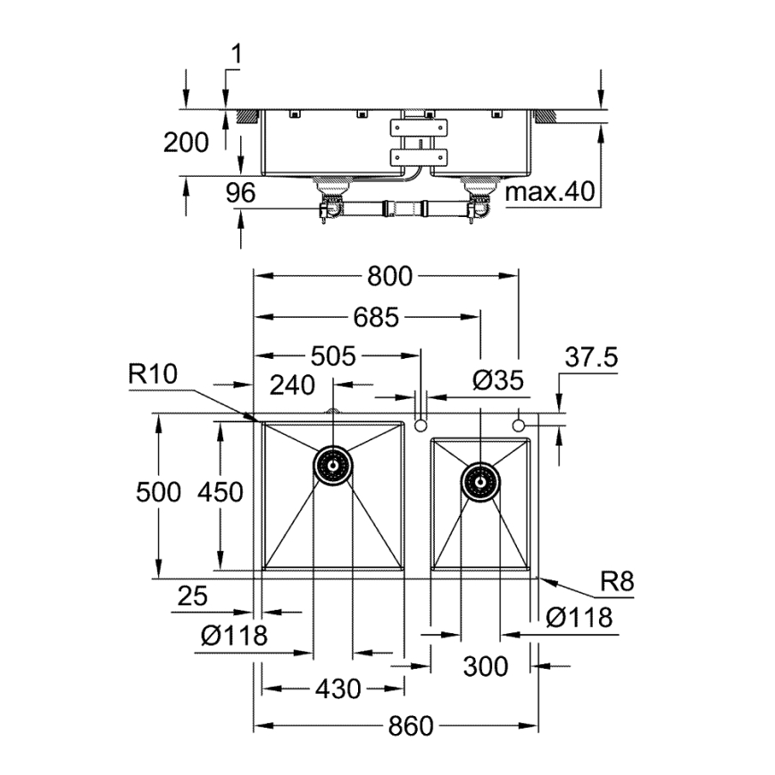 GROHE 31855SD0 - K700 Kitchen Sink 860 × 500 mm Stainless Steel