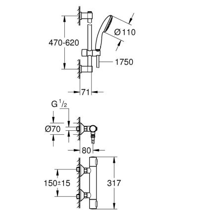 GROHE 34800001 - PRECISION FLOW 600 mm Thermostatic Shower Set, Polished Chrome
