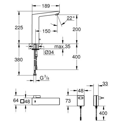 GROHE 36440000 - EUROCUBE E Infrared Electronic Basin Mixer DN 15, Chrome