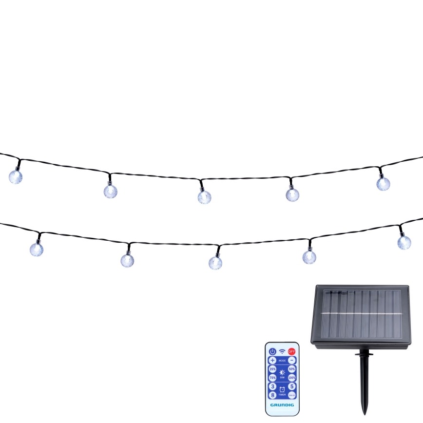 Grundig - Dimmable Solar LED String Lights, 50 LEDs / 8 Modes, 9.35 m, Warm White, 1200 mAh Battery, IP44, with Remote Control