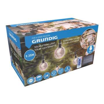 Grundig - Dimmable Solar LED String Lights, 50 LEDs / 8 Modes, 9.35 m, Warm White, 1200 mAh Battery, IP44, with Remote Control