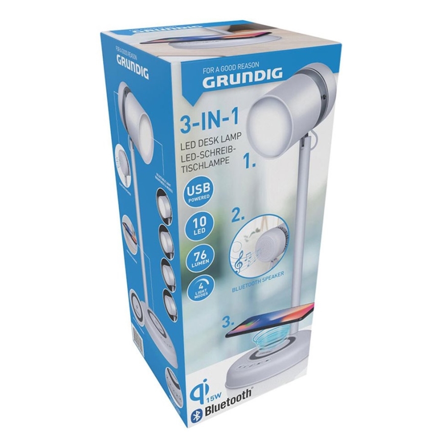 Grundig - LED Desk Lamp with Wireless Charging and 3-in-1 Speaker LED/15W/5V