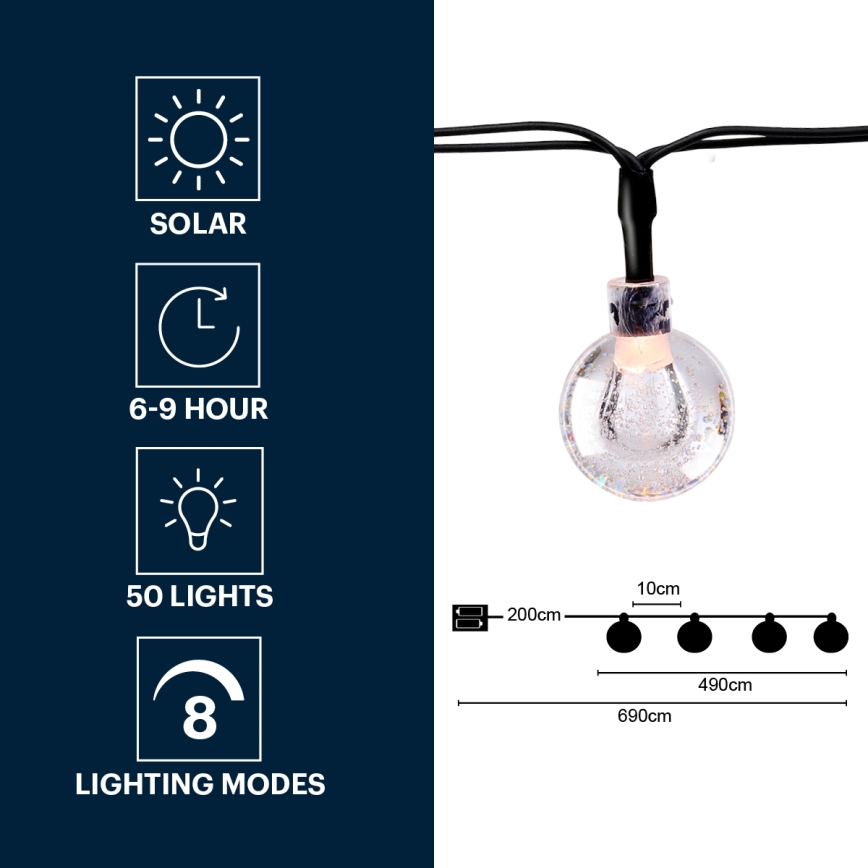 Grundig - LED Solar chain 50xLED/8 functions 6,9m warm white