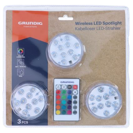 Grundig - Set of 3 RGBW Dimmable LED Fixtures, 3W Each, 3×AAA, IP65 — Remote Control Included