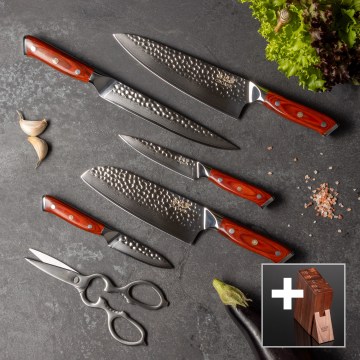 Gudaro - 5-piece MIYABI Damascus kitchen knife set + knife block and poultry shears