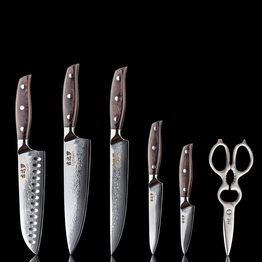 Gudaro - 5-Piece SHIRO Damascus Kitchen Knife Set + Knife Block and Poultry Shears