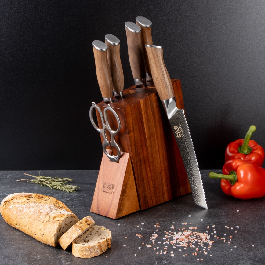 Gudaro – 5-Piece TAKUMI Damascus Kitchen Knife Set + Knife Block and Poultry Shears