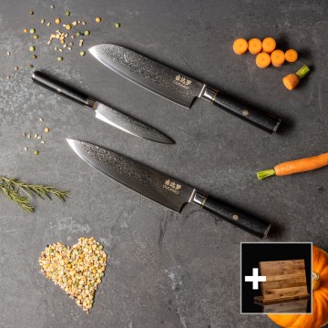 Gudaro - AKIRO 3-piece Damascus Kitchen Knife Set + Magnetic Knife Holder