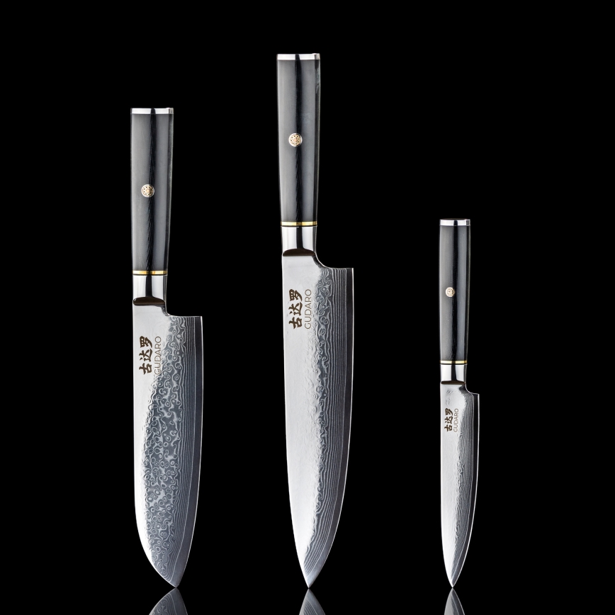 Gudaro - AKIRO 3-piece Damascus Kitchen Knife Set + Magnetic Knife Holder