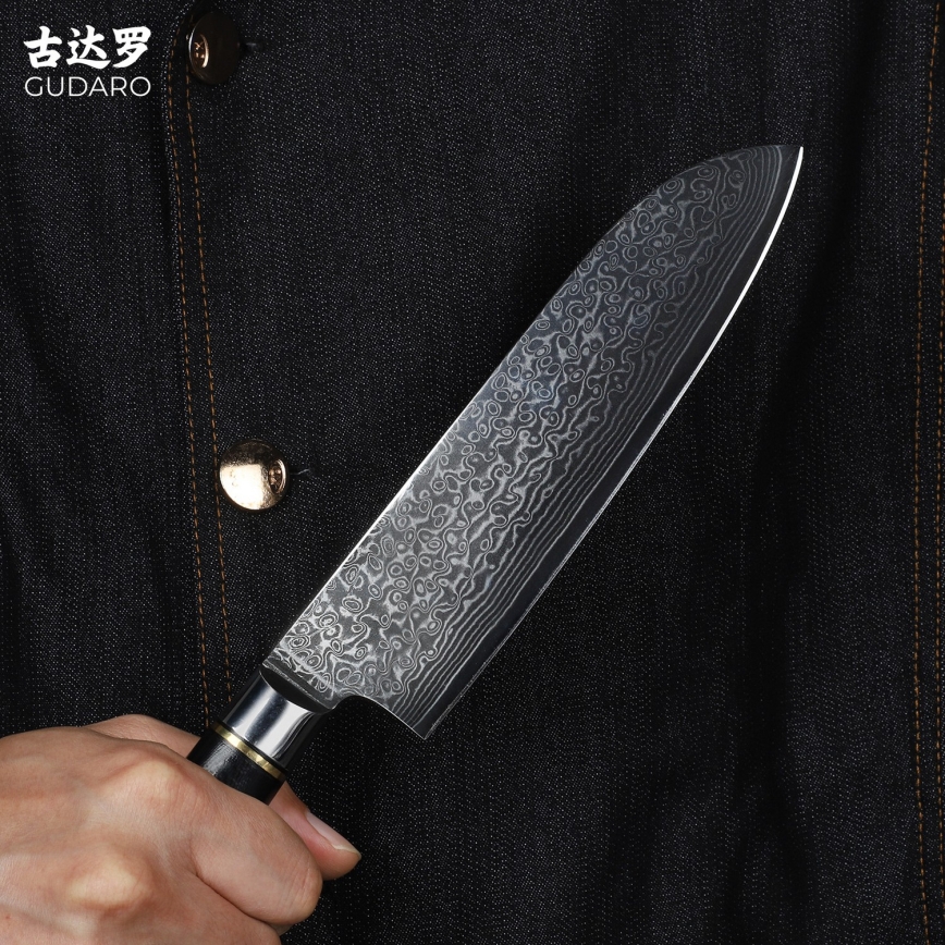 Gudaro - AKIRO 7 Damascus Santoku kitchen knife, 67-layer steel, 17.5 cm length, black