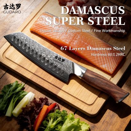 Gudaro - TAKUMI 7 Damascus Santoku Kitchen Knife, 67-layer steel, 17.5 cm blade, walnut handle