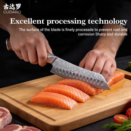 Gudaro - TAKUMI 7 Damascus Santoku Kitchen Knife, 67-layer steel, 17.5 cm blade, walnut handle