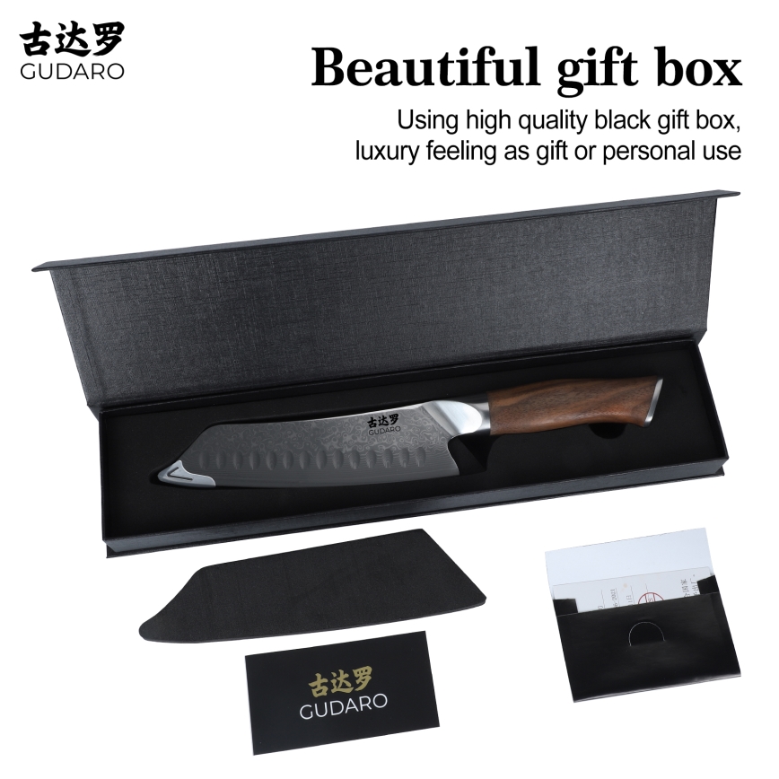 Gudaro - TAKUMI 7 Damascus Santoku Kitchen Knife, 67-layer steel, 17.5 cm blade, walnut handle