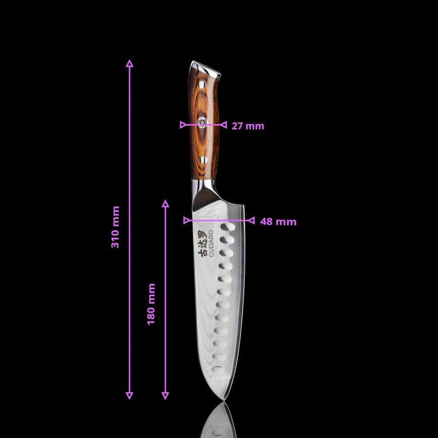 Gudaro - SET 1x Damascus chef's knife FENG 8, 67-layer steel, blade length 20 cm + 1x Damascus Santoku kitchen knife FENG 7.5, 67-layer steel, blade length 18 cm + 1x FREE Damascus kitchen knife FENG 3.5, 67-layer steel, blade length 9.5 cm