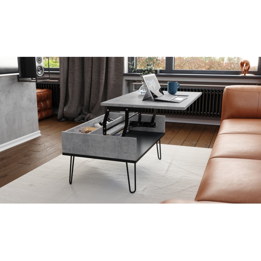 HALIJA Lift-Top Coffee Table with Shelf, Concrete Grey/Black