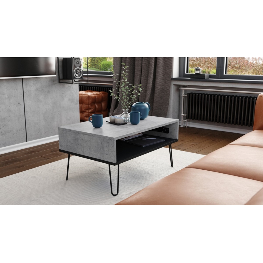 HALIJA Lift-Top Coffee Table with Shelf, Concrete Grey/Black
