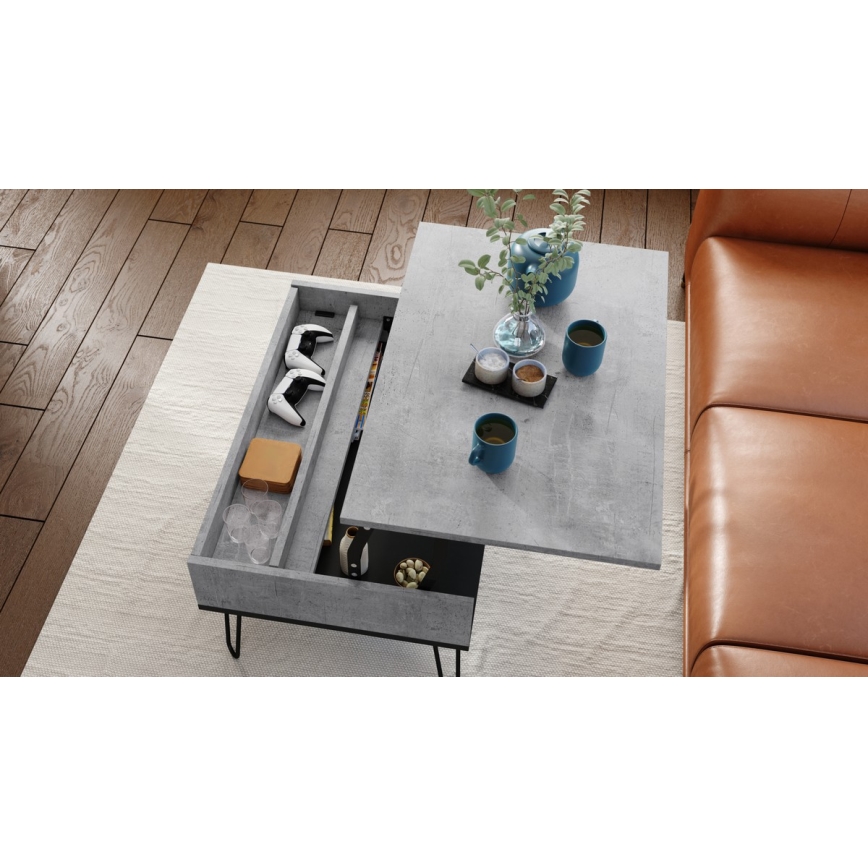 HALIJA Lift-Top Coffee Table with Shelf, Concrete Grey/Black