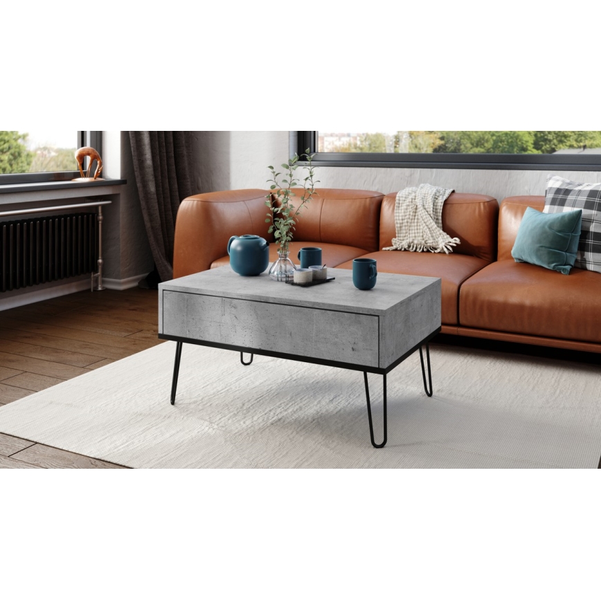 HALIJA Lift-Top Coffee Table with Shelf, Concrete Grey/Black