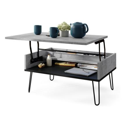 HALIJA Lift-Top Coffee Table with Shelf, Concrete Grey/Black