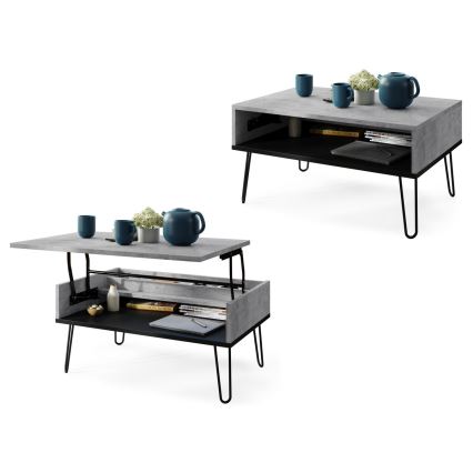 HALIJA Lift-Top Coffee Table with Shelf, Concrete Grey/Black