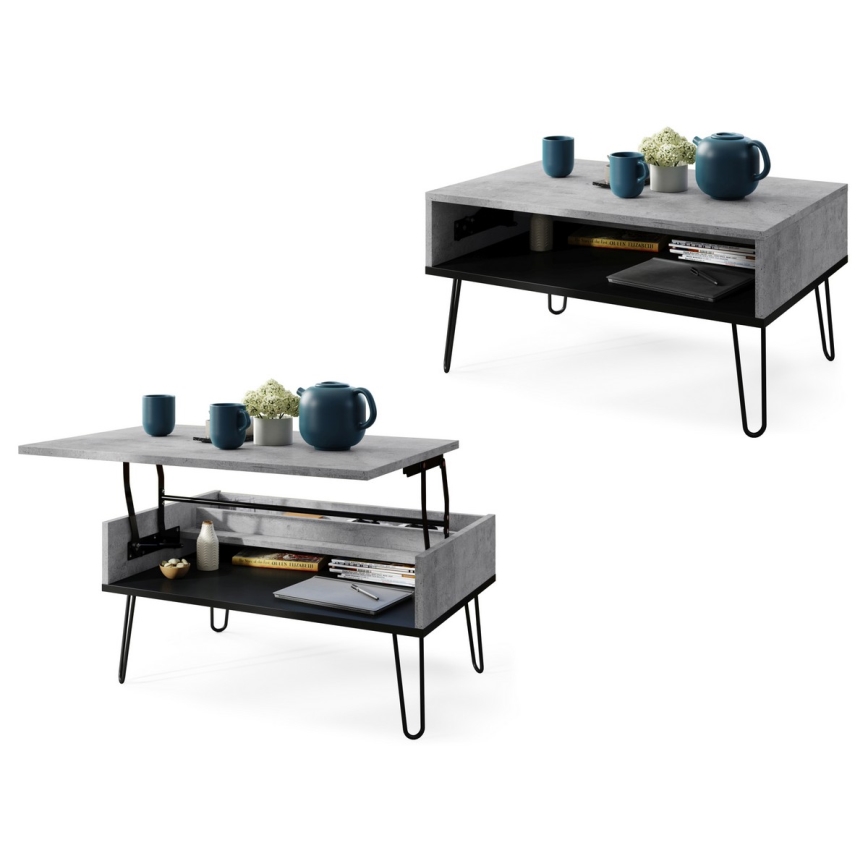 HALIJA Lift-Top Coffee Table with Shelf, Concrete Grey/Black