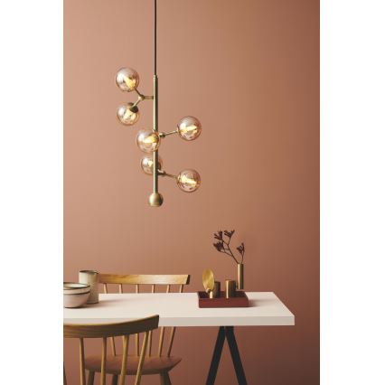 Halo Design 738861 - ATOM cable-suspended pendant, 6× G9 / 28W / 230V, Ø 30 cm, brass / smoked beige