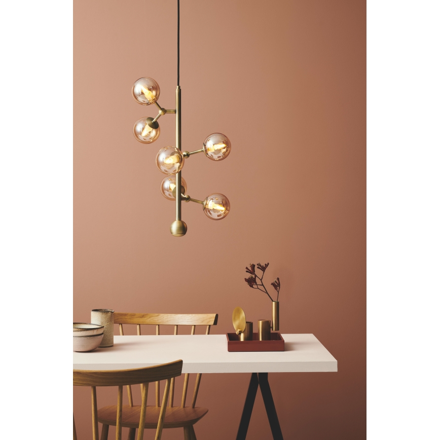 Halo Design 738861 - ATOM cable-suspended pendant, 6× G9 / 28W / 230V, Ø 30 cm, brass / smoked beige