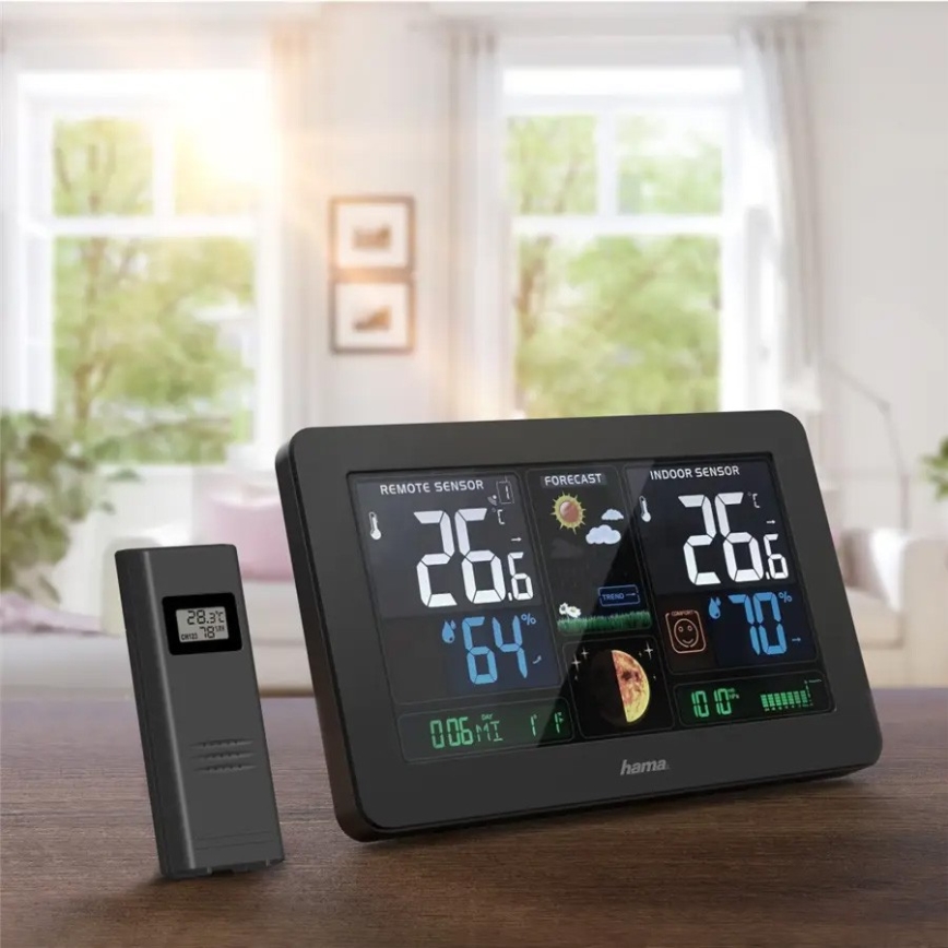 Hama - Weather station with color LCD display and alarm clock 230V/2xAA + USB black