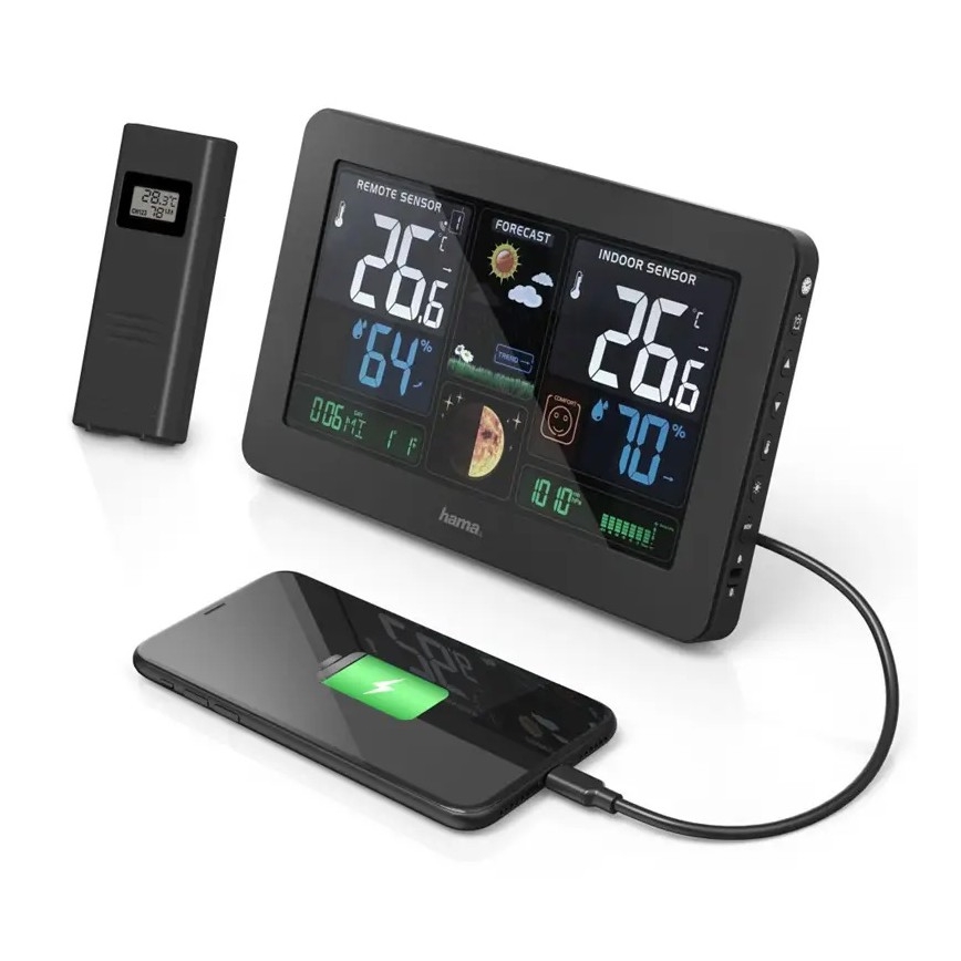 Hama - Weather station with color LCD display and alarm clock 230V/2xAA + USB black
