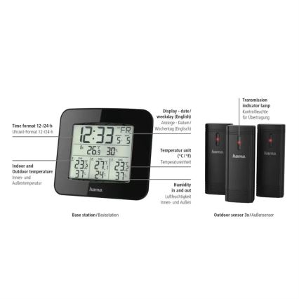 Hama - Weather station with LCD display and alarm clock 3xAAA + 3x sensor 2xAA