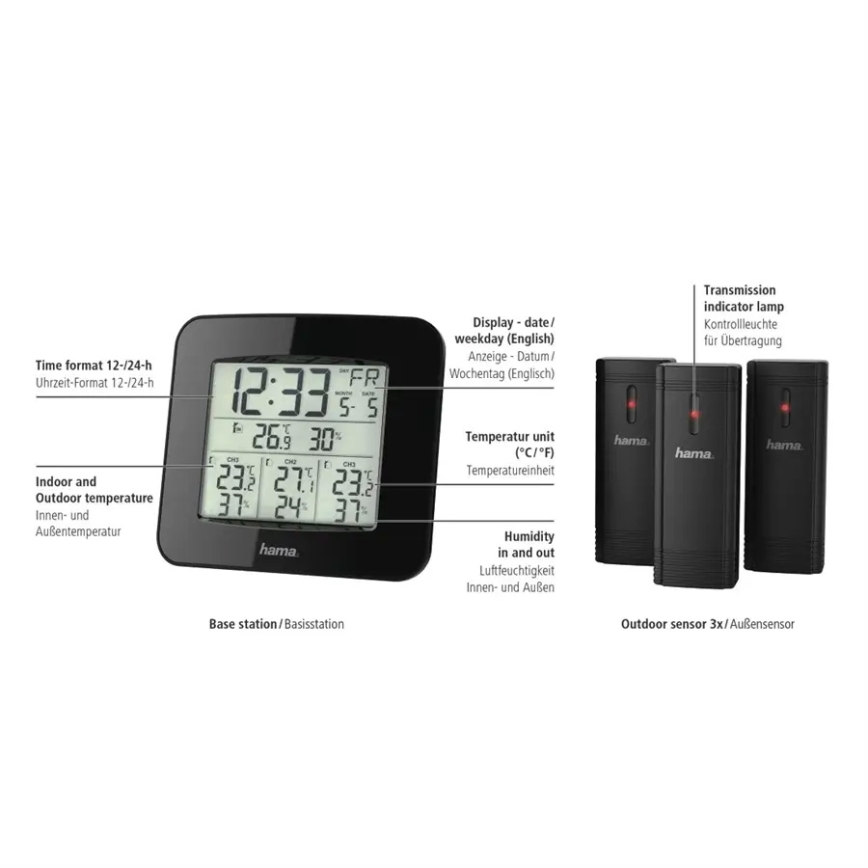 Hama - Weather station with LCD display and alarm clock 3xAAA + 3x sensor 2xAA