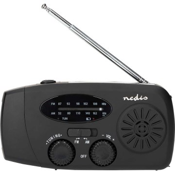 Hand-crank AM/FM radio with solar panel, LED flashlight and 2000 mAh battery