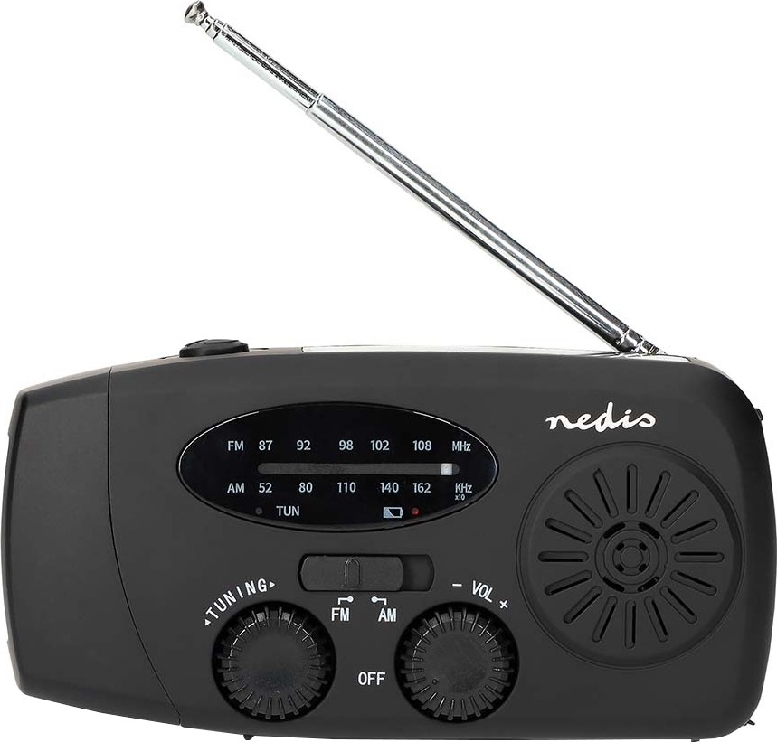 Hand-crank AM/FM radio with solar panel, LED flashlight and 2000 mAh battery