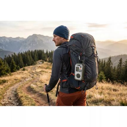 Camping radio with hand crank, solar panel and LED flashlight with power bank function, 5V / 3×AAA / 2000 mAh, IPX4, green