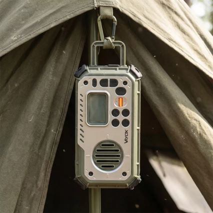 Camping radio with hand crank, solar panel and LED flashlight with power bank function, 5V / 3×AAA / 2000 mAh, IPX4, green