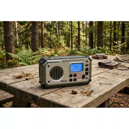 Camping radio with hand crank, solar panel and LED flashlight with power bank function, 5V / 3×AAA / 2000 mAh, IPX4, green