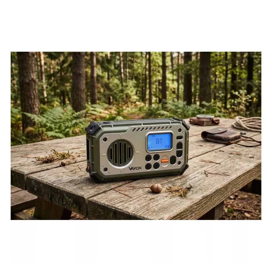 Camping radio with hand crank, solar panel and LED flashlight with power bank function, 5V / 3×AAA / 2000 mAh, IPX4, green