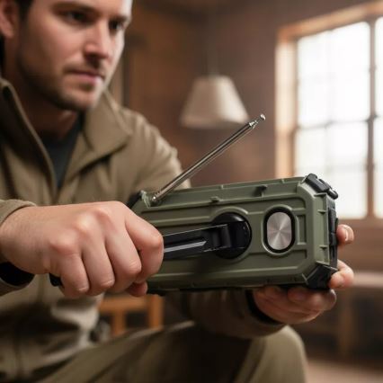 Camping radio with hand crank, solar panel and LED flashlight with power bank function, 5V / 3×AAA / 2000 mAh, IPX4, green