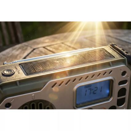 Camping radio with hand crank, solar panel and LED flashlight with power bank function, 5V / 3×AAA / 2000 mAh, IPX4, green