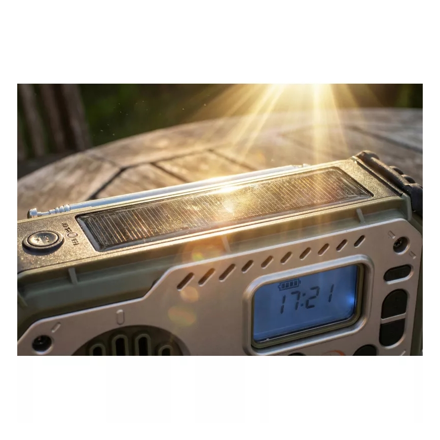 Camping radio with hand crank, solar panel and LED flashlight with power bank function, 5V / 3×AAA / 2000 mAh, IPX4, green